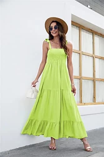 kinstell Women's Summer Boho Square Neck Ruffle Maxi Dress | Flowy, Casual, Fluorescent Green thumbnail 3