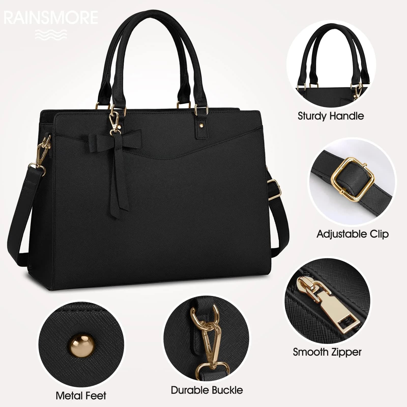 RAINSMORE Black Handbag for Women 15.6 Inch Laptop Tote Bag | Professional Business Office Work Bag - view 5