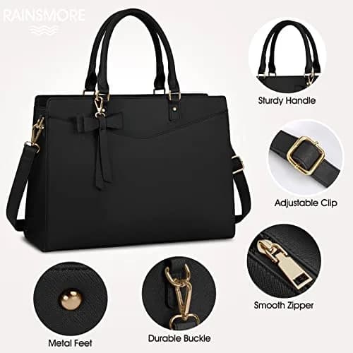 RAINSMORE Black Handbag for Women 15.6 Inch Laptop Tote Bag | Professional Business Office Work Bag thumbnail 5