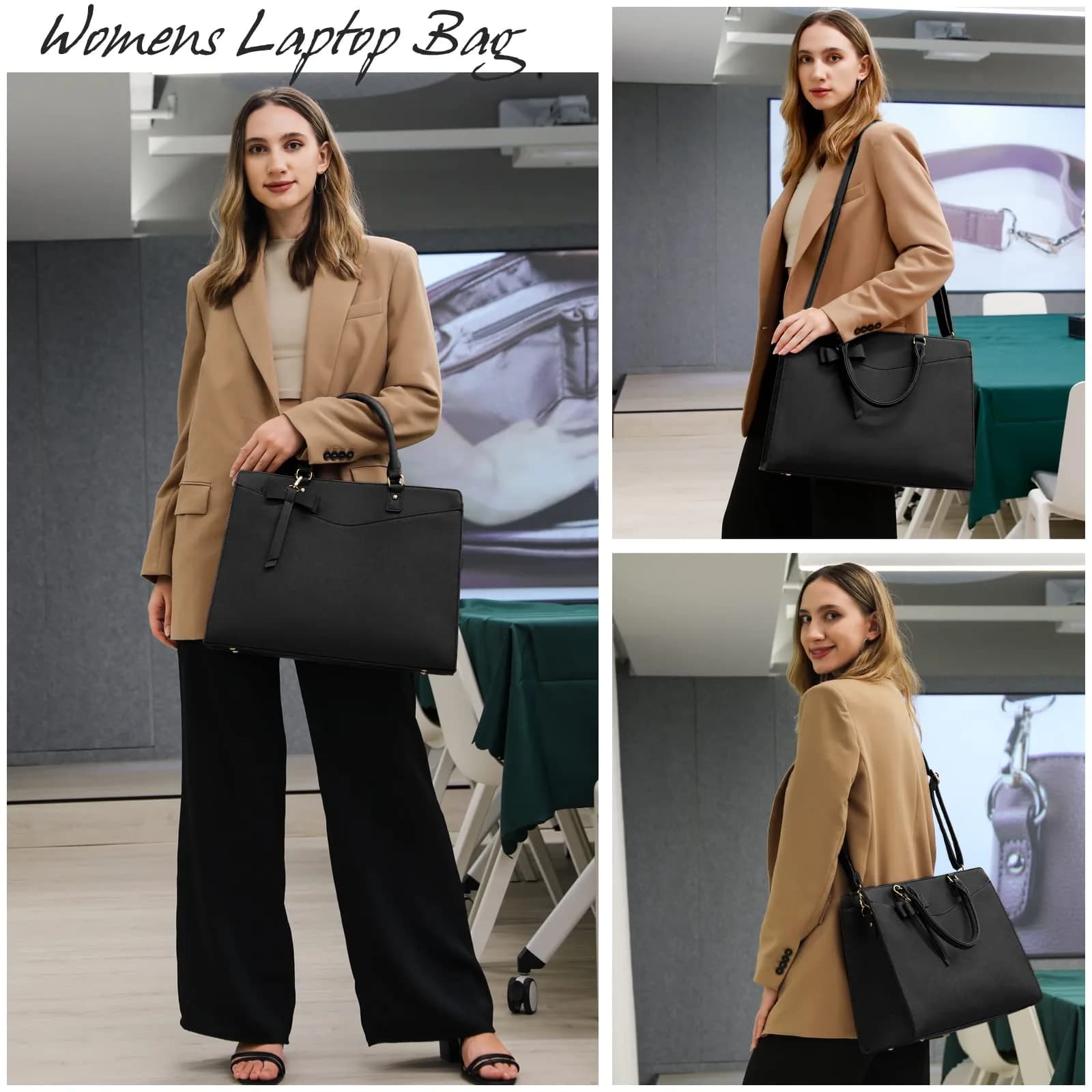 RAINSMORE Black Handbag for Women 15.6 Inch Laptop Tote Bag | Professional Business Office Work Bag - view 2