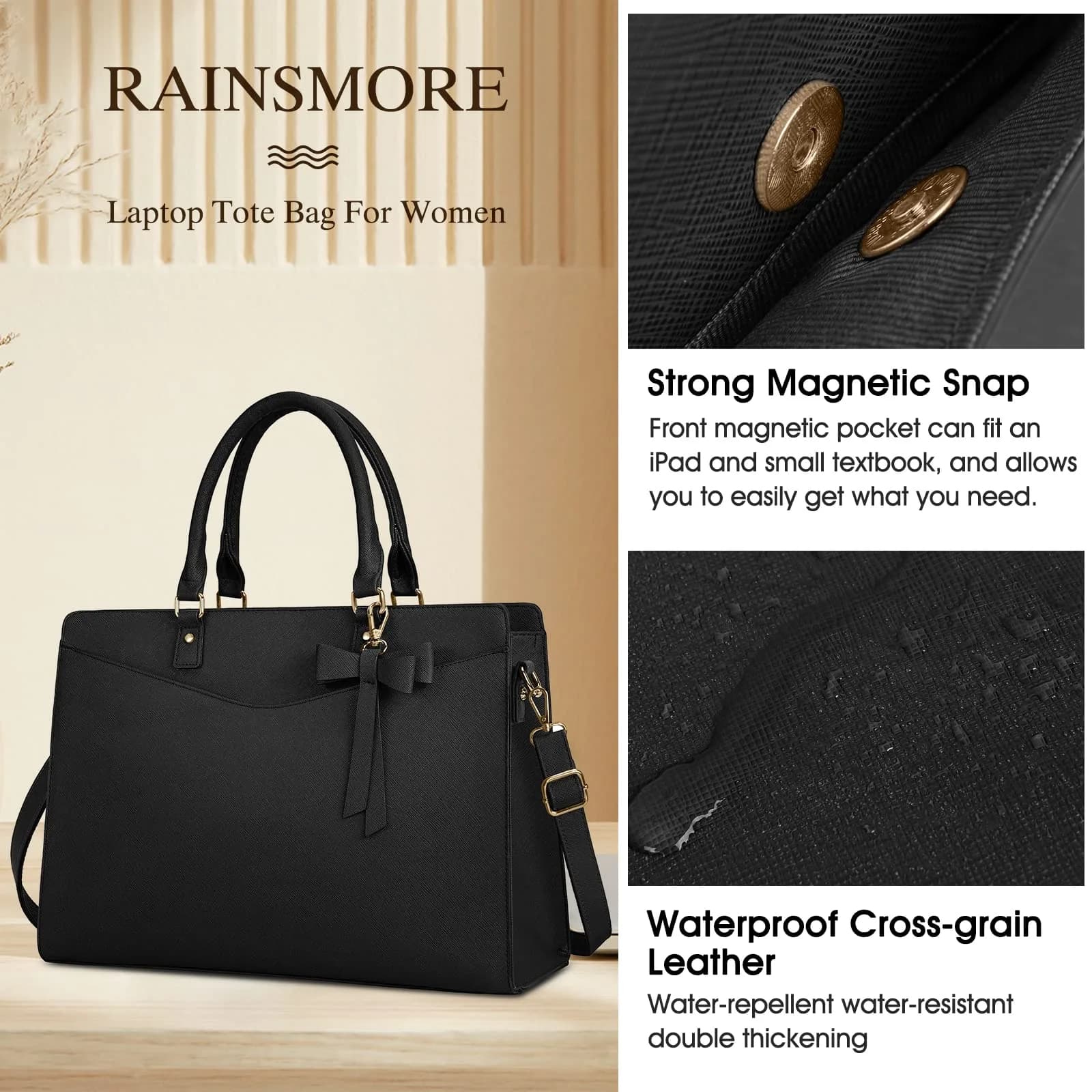 RAINSMORE Black Handbag for Women 15.6 Inch Laptop Tote Bag | Professional Business Office Work Bag - view 4