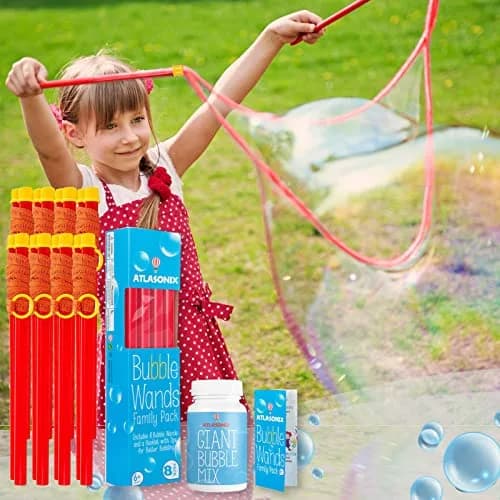 Atlasonix Giant Bubble Wand Kit with Powder for 3 Gallons of Solution | 8 Professional Bubble Wands & Trick Booklet — 8 Wands & 3 Mix