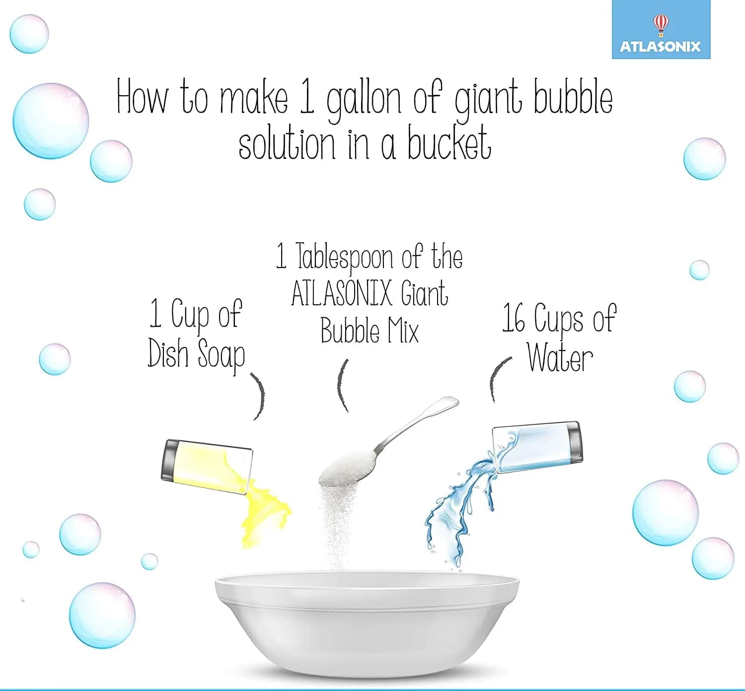 Atlasonix Giant Bubble Wand Kit with Powder for 3 Gallons of Solution | 8 Professional Bubble Wands & Trick Booklet - view 6