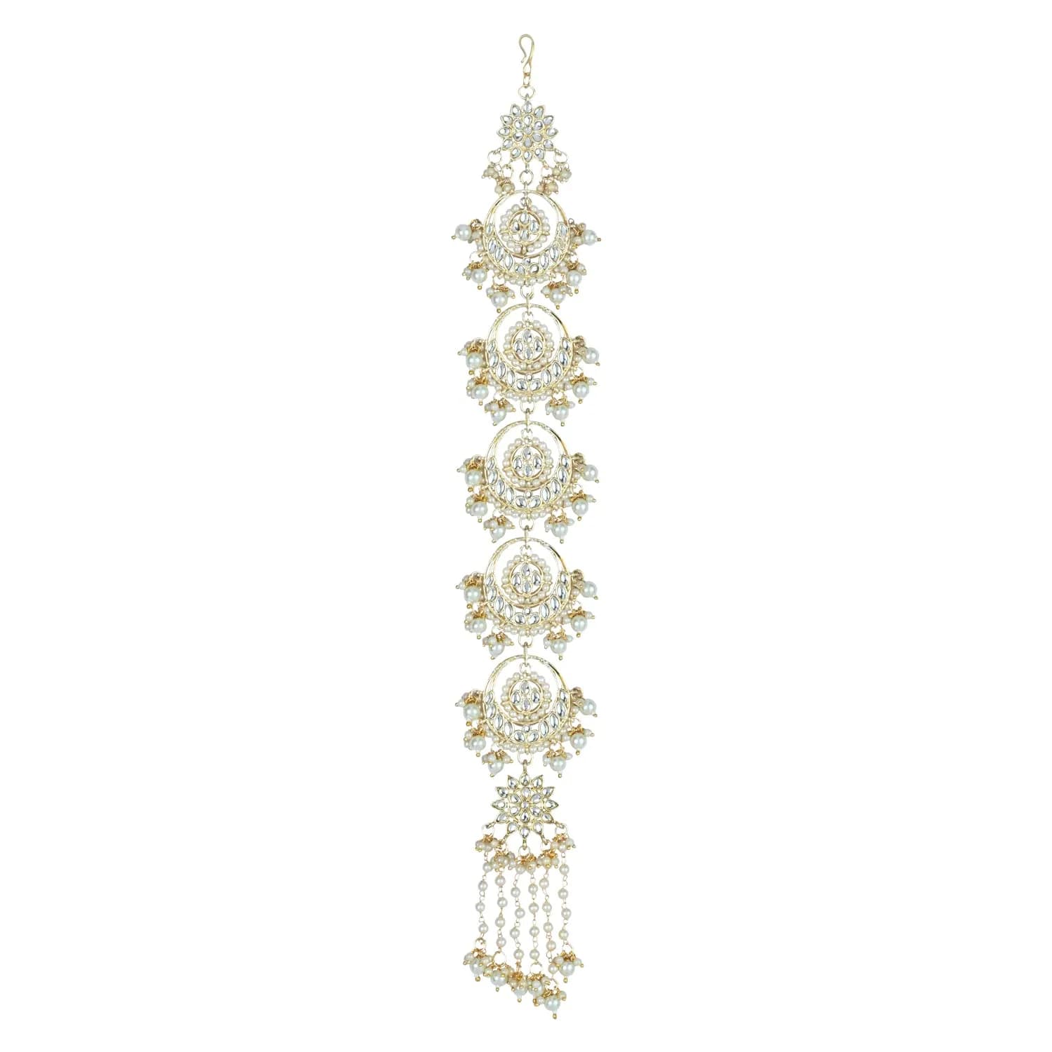 I Jewels Gold-Plated Floral Kundan Pearl Beaded Head Chain/Paranda 30.48cm (12 inches) | Traditional Indian Wedding Jewelry - main product image