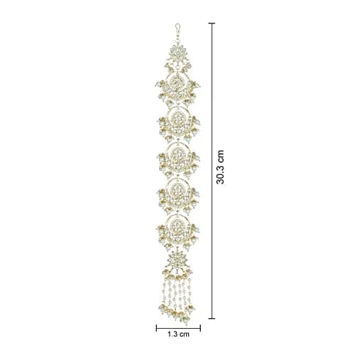 I Jewels Gold-Plated Floral Kundan Pearl Beaded Head Chain/Paranda 30.48cm (12 inches) | Traditional Indian Wedding Jewelry thumbnail 4