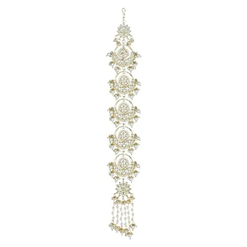 I Jewels Gold-Plated Floral Kundan Pearl Beaded Head Chain/Paranda 30.48cm (12 inches) | Traditional Indian Wedding Jewelry thumbnail 1
