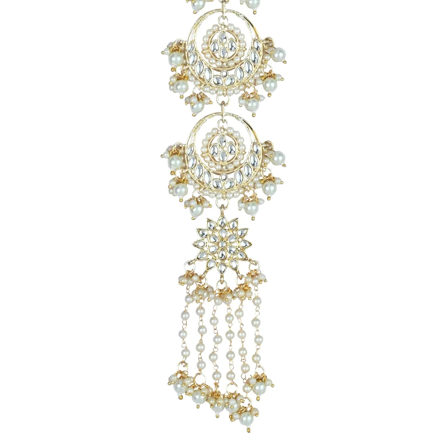 I Jewels Gold-Plated Floral Kundan Pearl Beaded Head Chain/Paranda 30.48cm (12 inches) | Traditional Indian Wedding Jewelry - view 2