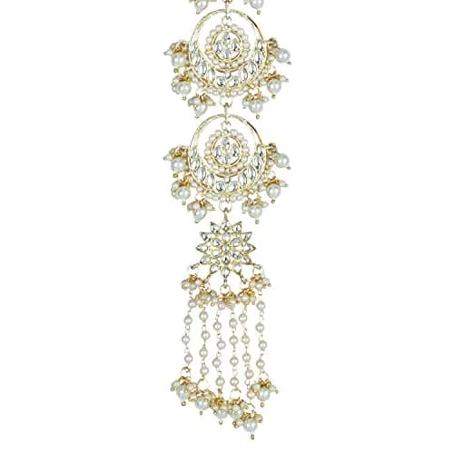 I Jewels Gold-Plated Floral Kundan Pearl Beaded Head Chain/Paranda 30.48cm (12 inches) | Traditional Indian Wedding Jewelry thumbnail 2