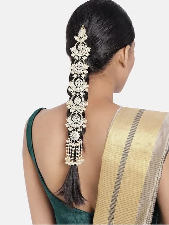 I Jewels Gold-Plated Floral Kundan Pearl Beaded Head Chain/Paranda 30.48cm (12 inches) | Traditional Indian Wedding Jewelry - view 3