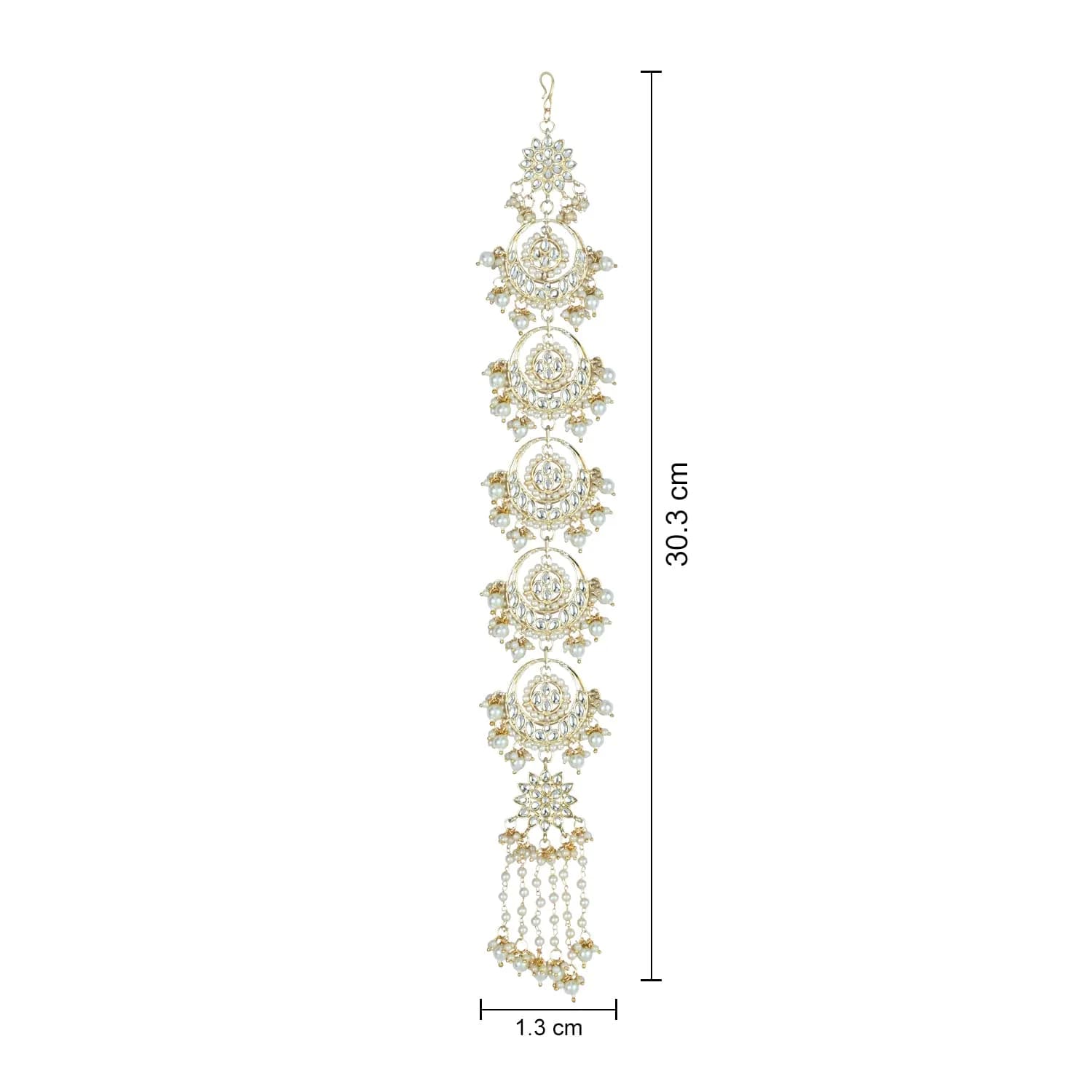 I Jewels Gold-Plated Floral Kundan Pearl Beaded Head Chain/Paranda 30.48cm (12 inches) | Traditional Indian Wedding Jewelry - view 4