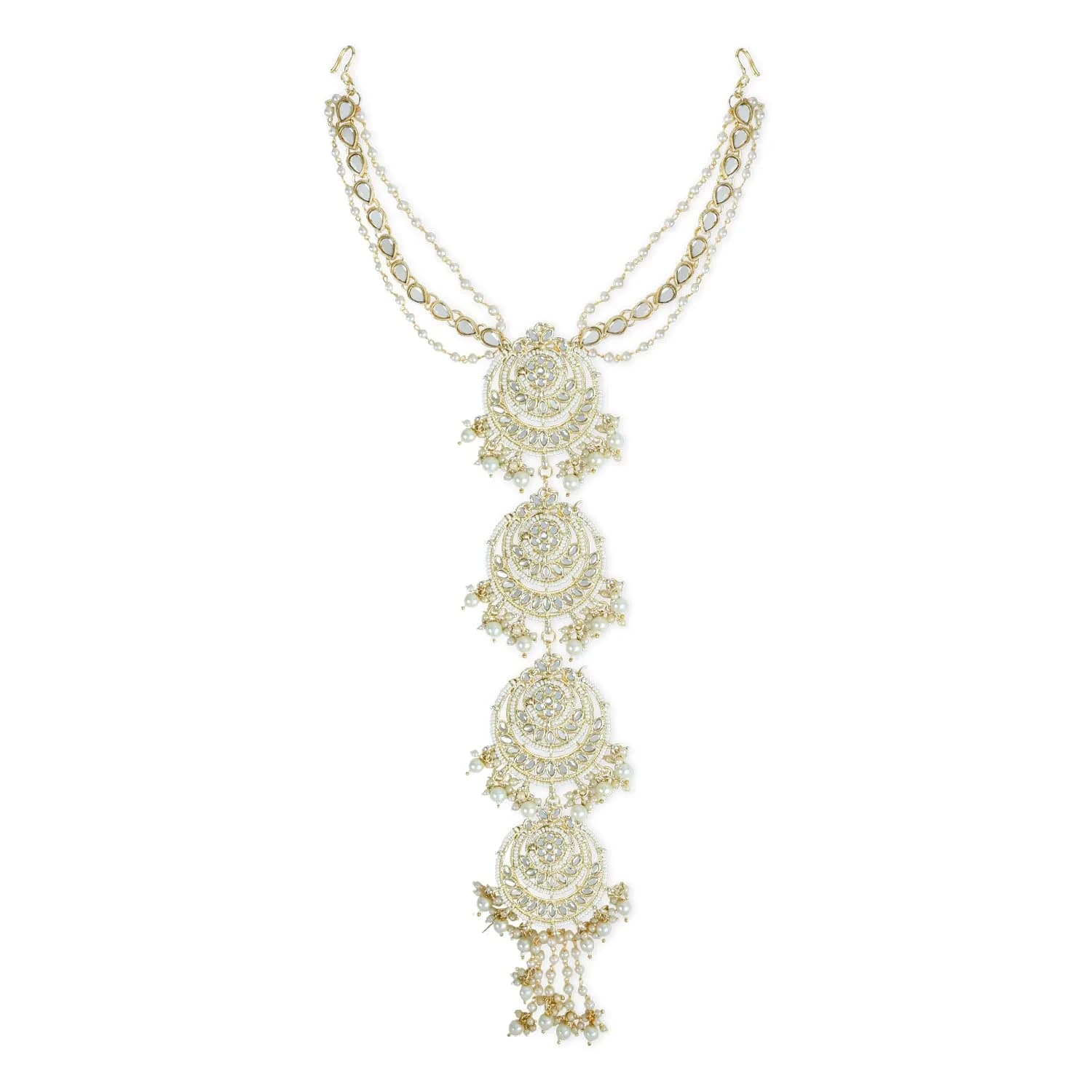 I Jewels Gold-Plated Metal Indian Wedding Bollywood Floral Kundan Pearl Studded Beaded Head Chain/Paranda 30.48cm (12 inches) | Authentic Indian Bridal Accessory - main product image