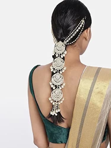 I Jewels Gold-Plated Metal Indian Wedding Bollywood Floral Kundan Pearl Studded Beaded Head Chain/Paranda 30.48cm (12 inches) | Authentic Indian Bridal Accessory thumbnail 3