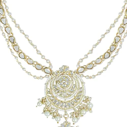 I Jewels Gold-Plated Metal Indian Wedding Bollywood Floral Kundan Pearl Studded Beaded Head Chain/Paranda 30.48cm (12 inches) | Authentic Indian Bridal Accessory thumbnail 4