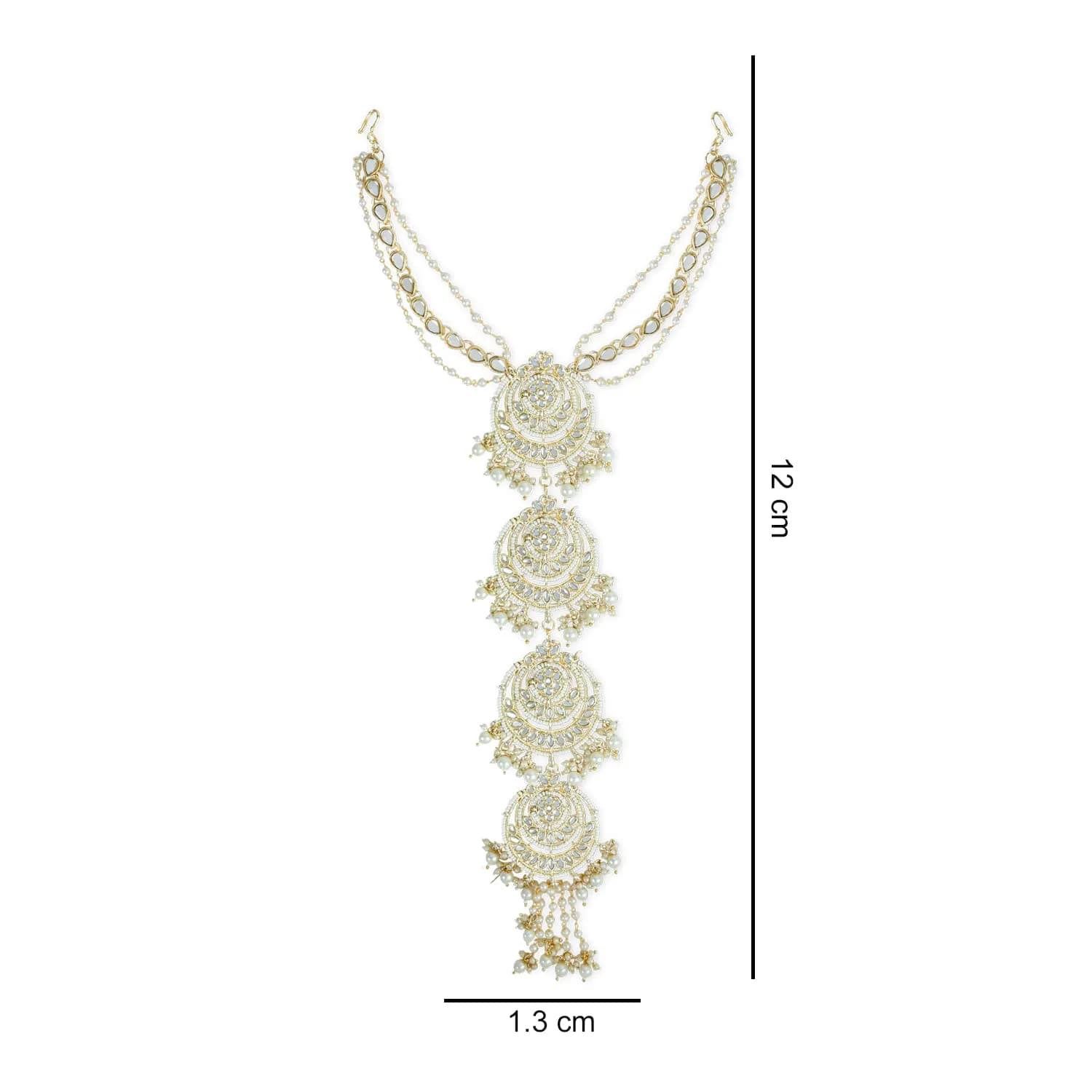 I Jewels Gold-Plated Metal Indian Wedding Bollywood Floral Kundan Pearl Studded Beaded Head Chain/Paranda 30.48cm (12 inches) | Authentic Indian Bridal Accessory - view 5