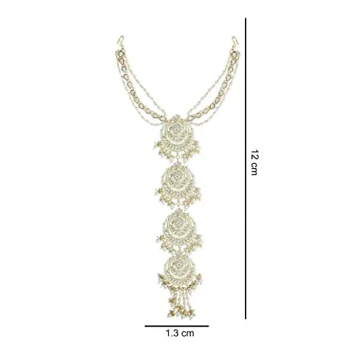 I Jewels Gold-Plated Metal Indian Wedding Bollywood Floral Kundan Pearl Studded Beaded Head Chain/Paranda 30.48cm (12 inches) | Authentic Indian Bridal Accessory thumbnail 5
