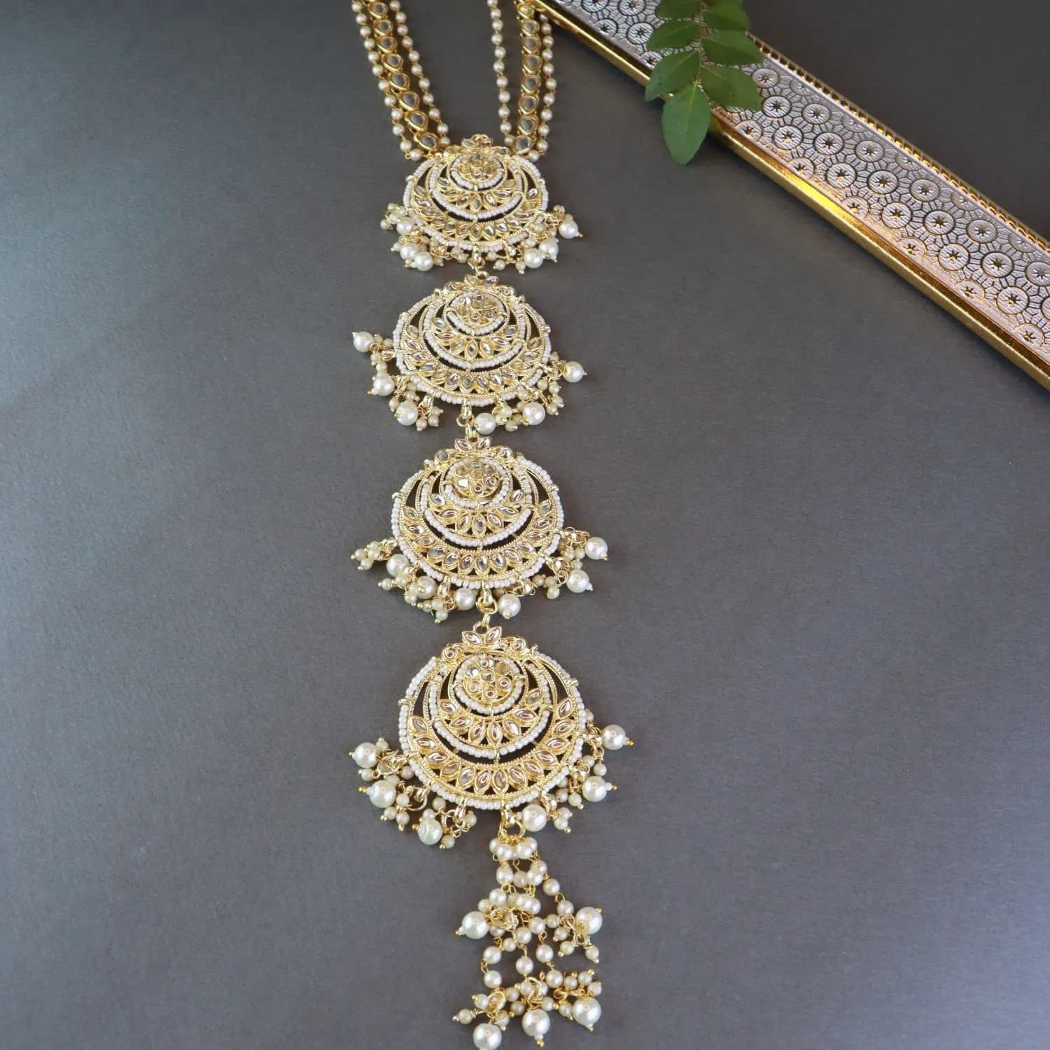 I Jewels Gold-Plated Metal Indian Wedding Bollywood Floral Kundan Pearl Studded Beaded Head Chain/Paranda 30.48cm (12 inches) | Authentic Indian Bridal Accessory - view 2