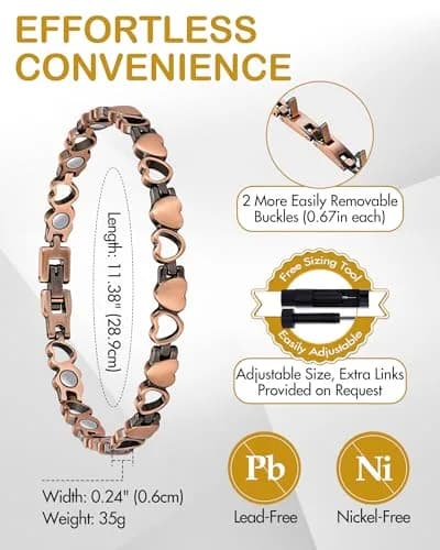 Feraco 99.99% Pure Copper Magnetic Ankle Bracelet for Women | Heart Shape, 28.9cm (11.38") thumbnail 4