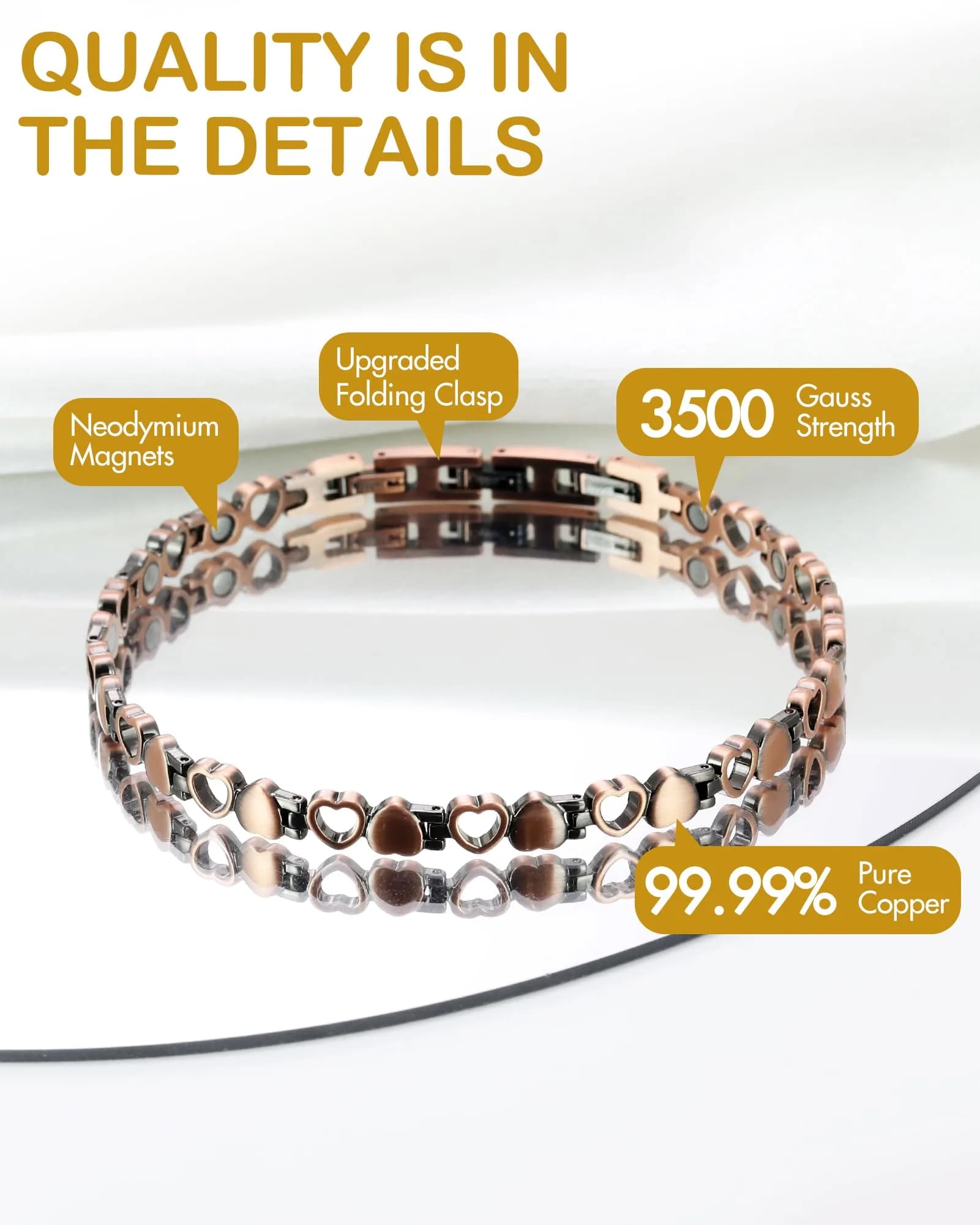 Feraco 99.99% Pure Copper Magnetic Ankle Bracelet for Women | Heart Shape, 28.9cm (11.38") - view 7