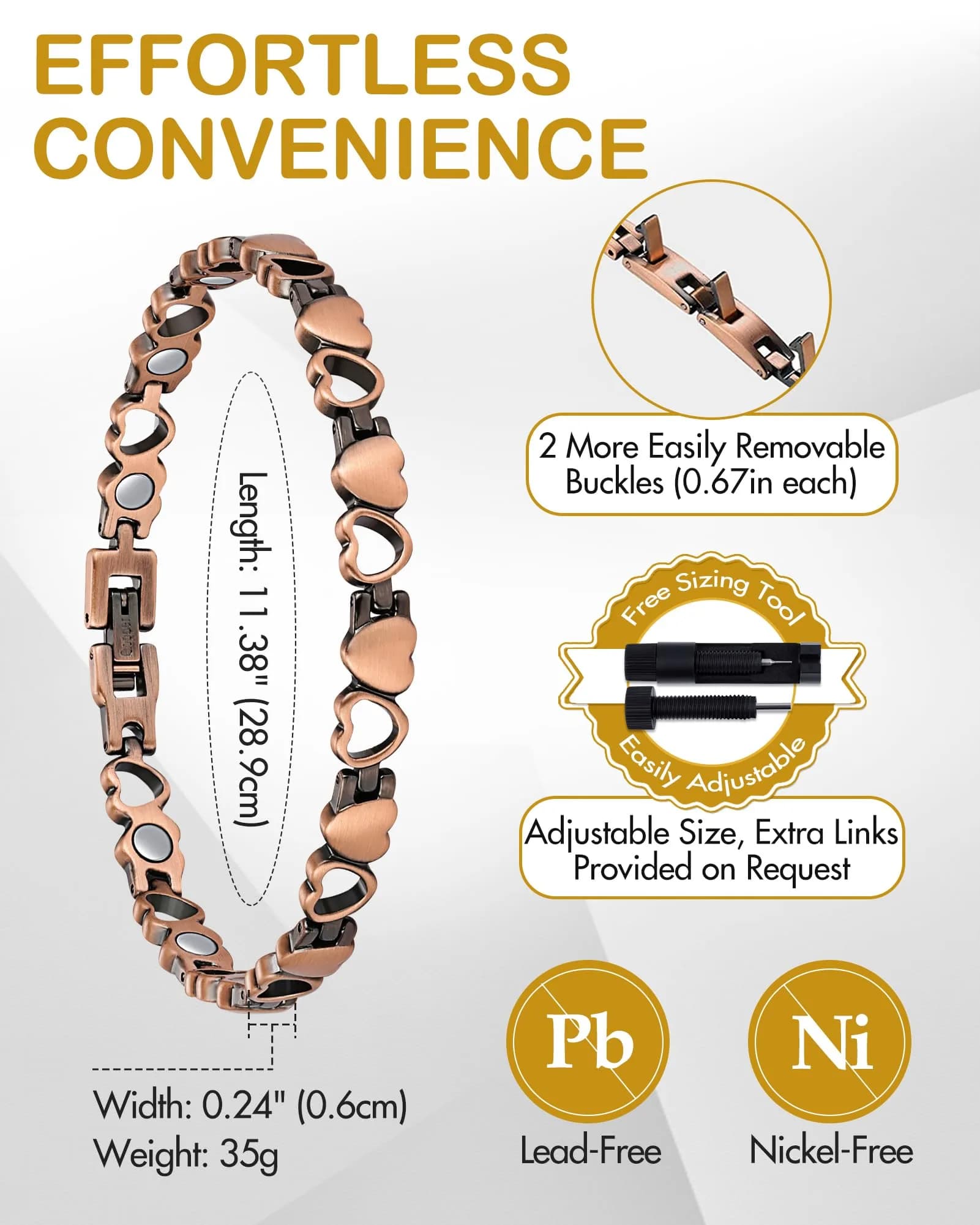 Feraco 99.99% Pure Copper Magnetic Ankle Bracelet for Women | Heart Shape, 28.9cm (11.38") - view 4