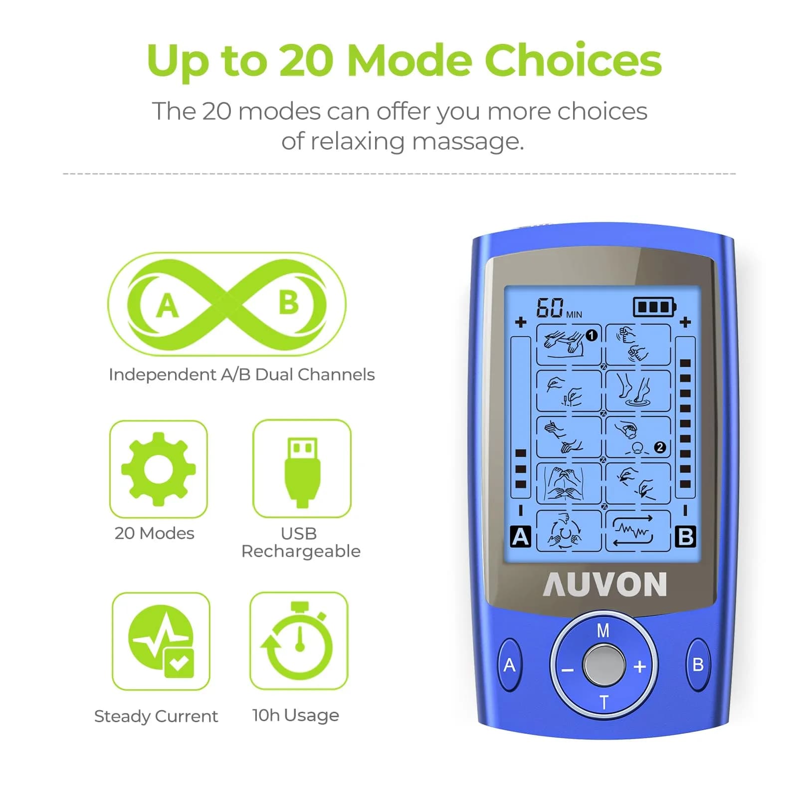 AUVON Dual Channel TENS Unit Muscle Stimulator Machine for Pain Relief with 20 Modes & 2x4 Inch Electrode Pads - view 4