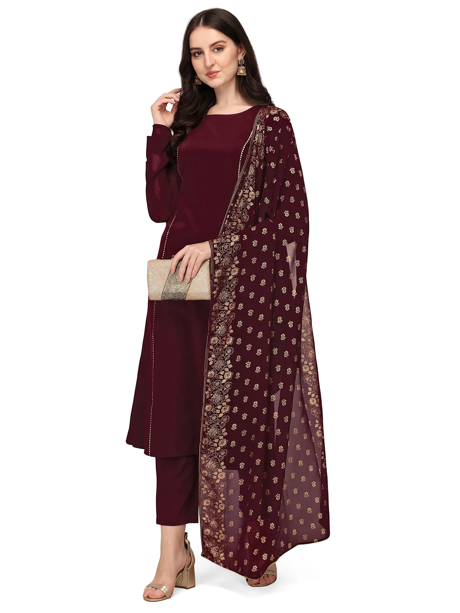 FIORRA Women's Maroon Poly Crepe Straight Kurta with Pant and Dupatta Set XX-Large | Foil Print Festive Wear