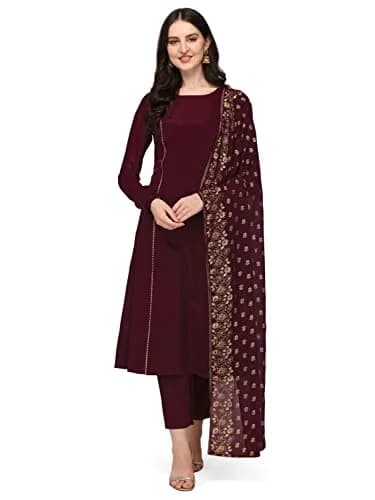 FIORRA Women's Maroon Poly Crepe Straight Kurta with Pant and Dupatta Set XX-Large | Foil Print Festive Wear thumbnail 2