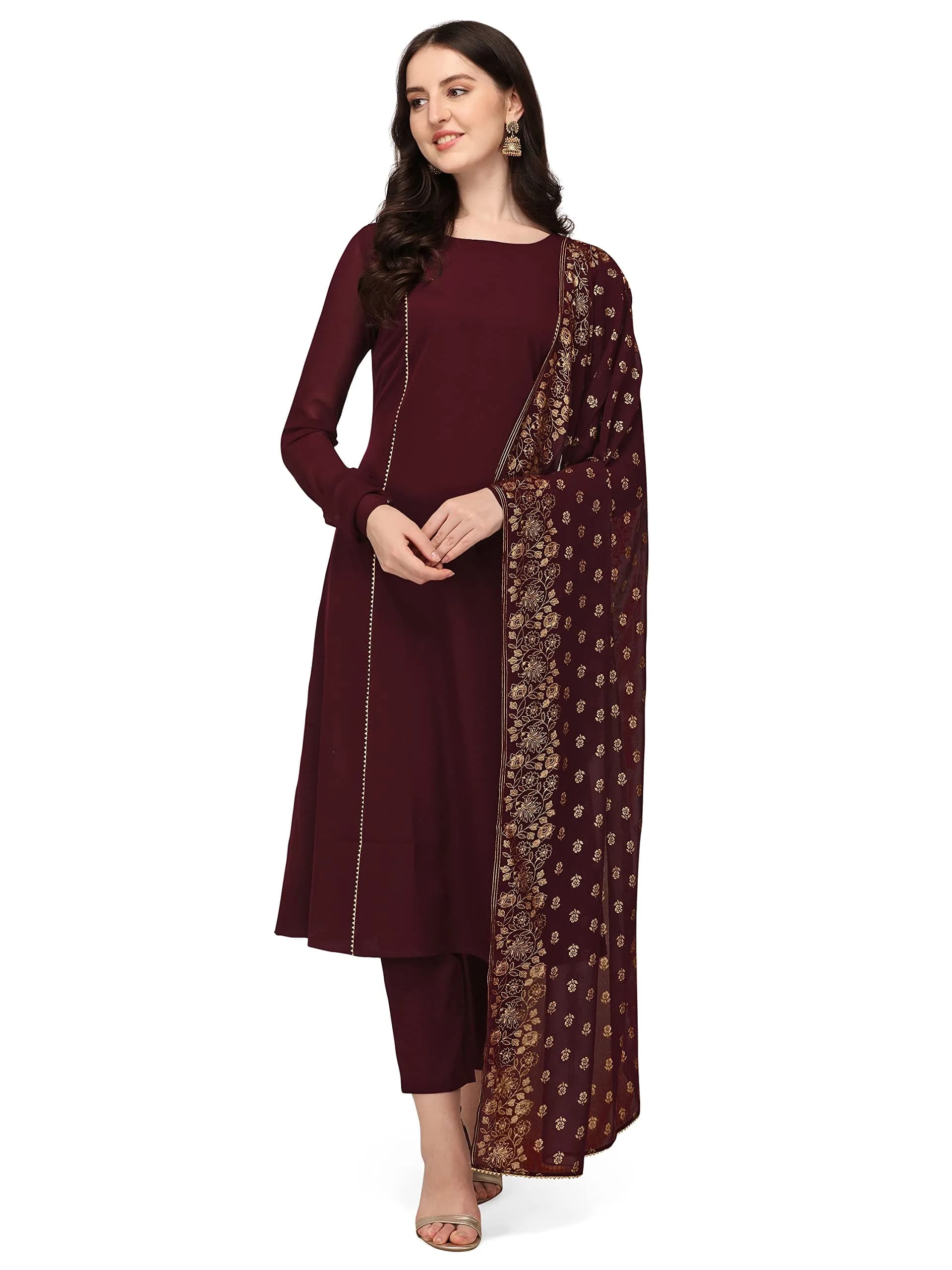 FIORRA Women's Maroon Poly Crepe Straight Kurta with Pant and Dupatta Set XX-Large | Foil Print Festive Wear - view 3