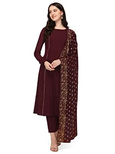 FIORRA Women's Maroon Poly Crepe Straight Kurta with Pant and Dupatta Set XX-Large | Foil Print Festive Wear thumbnail 3