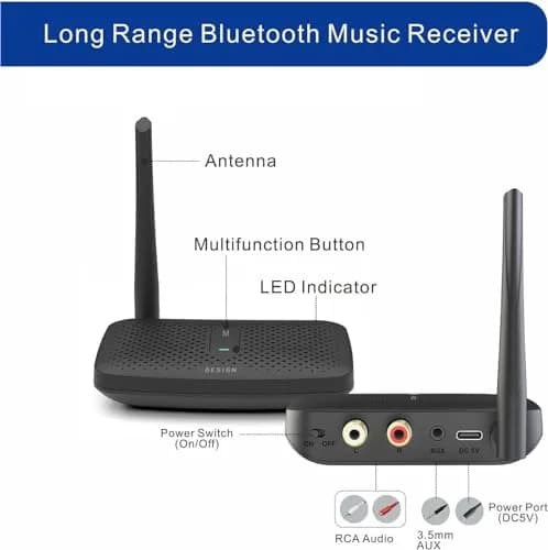 BESIGN BE-RCA Pro Long Range Bluetooth Adapter with Type-C Power, Black | Connects Wired Speakers to Bluetooth Devices thumbnail 2