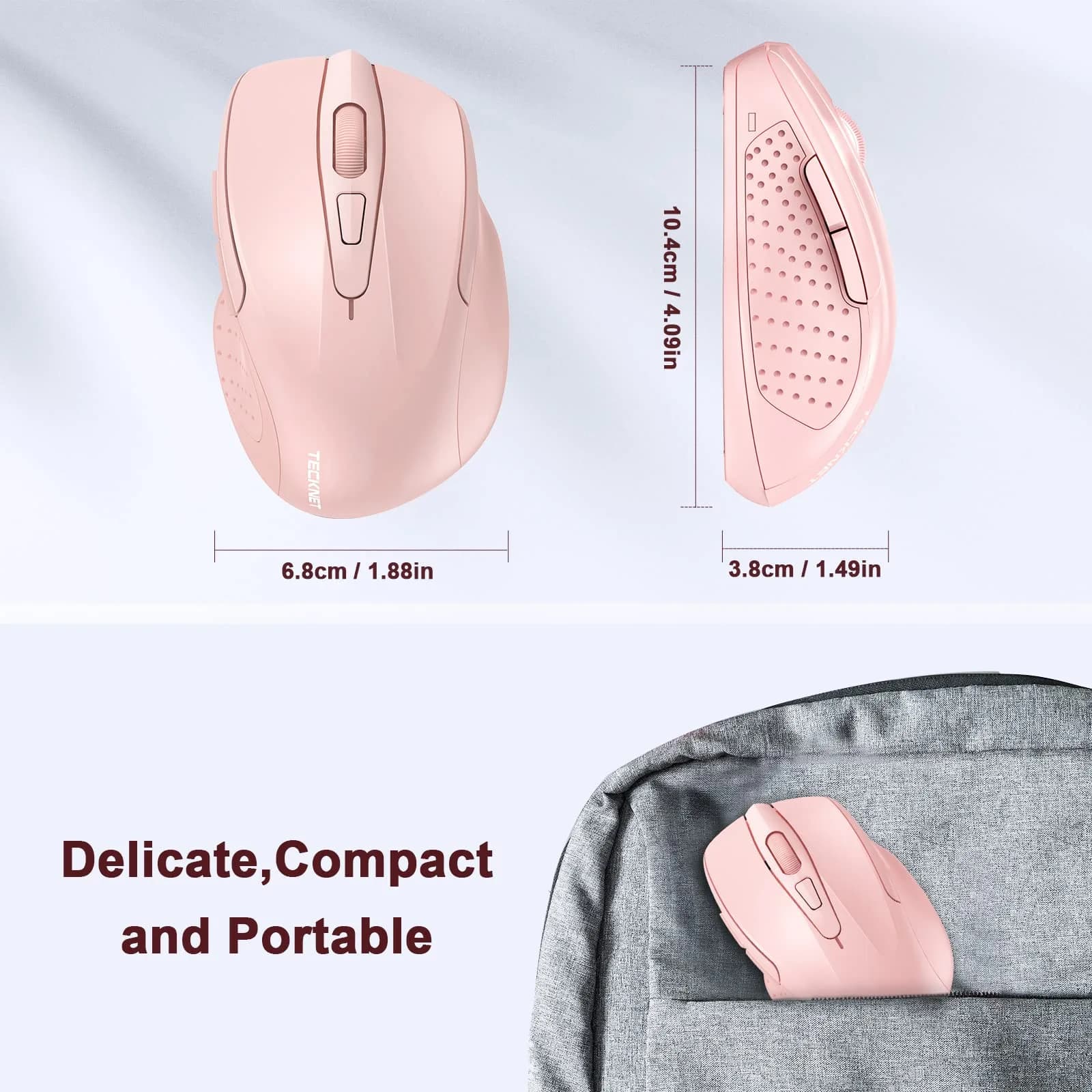 TECKNET M003 Wireless Mouse - Pink, 2.4G Ergonomic Computer Mouse with 2600 DPI for Right-Handed Use - view 3