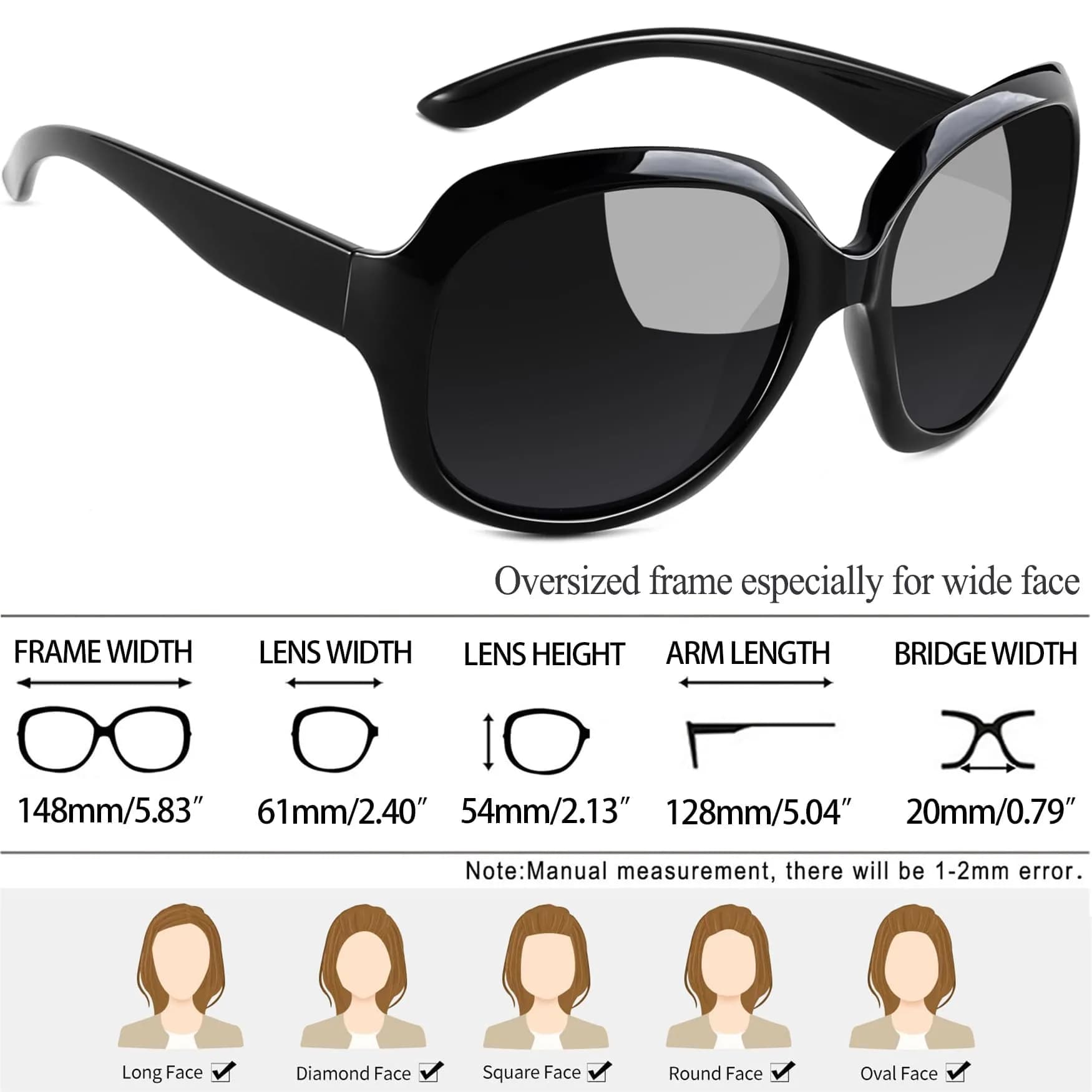 Joopin Oversized Butterfly Sunglasses for Women - Pitch Black/Grey Polarized UV400 Protection - view 4