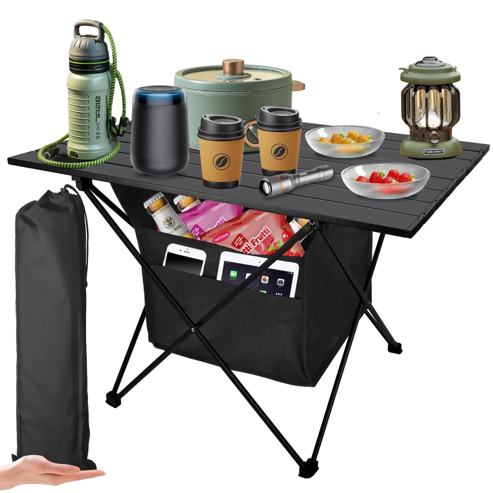 Audoyon Foldable Camping Side Table L Black | Ultralight Aluminum Roll-Up Table with Carry Bag & Storage for Picnic, Hiking, Beach (18x27x18 inches) - main product image