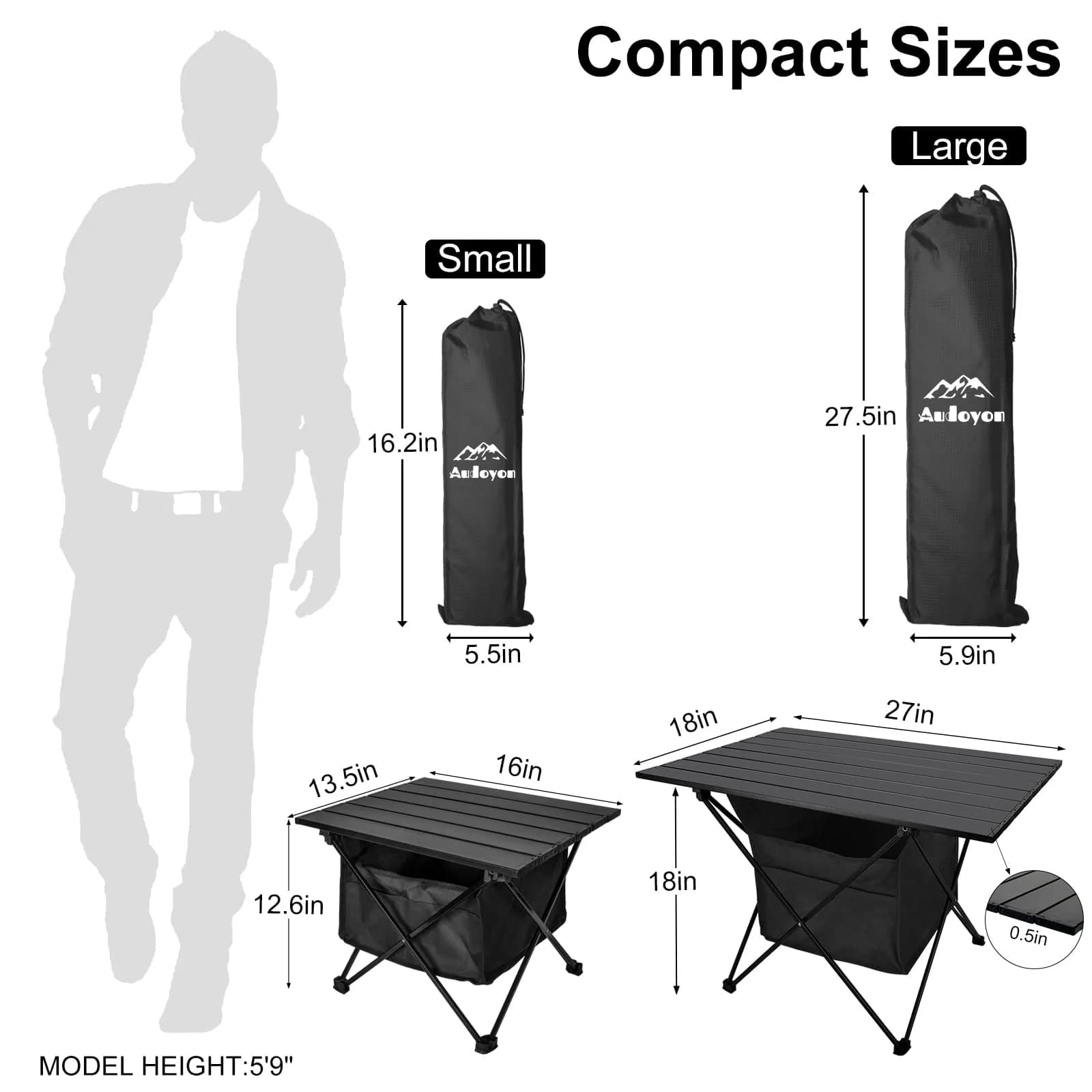 Audoyon Foldable Camping Side Table L Black | Ultralight Aluminum Roll-Up Table with Carry Bag & Storage for Picnic, Hiking, Beach (18x27x18 inches) - view 7