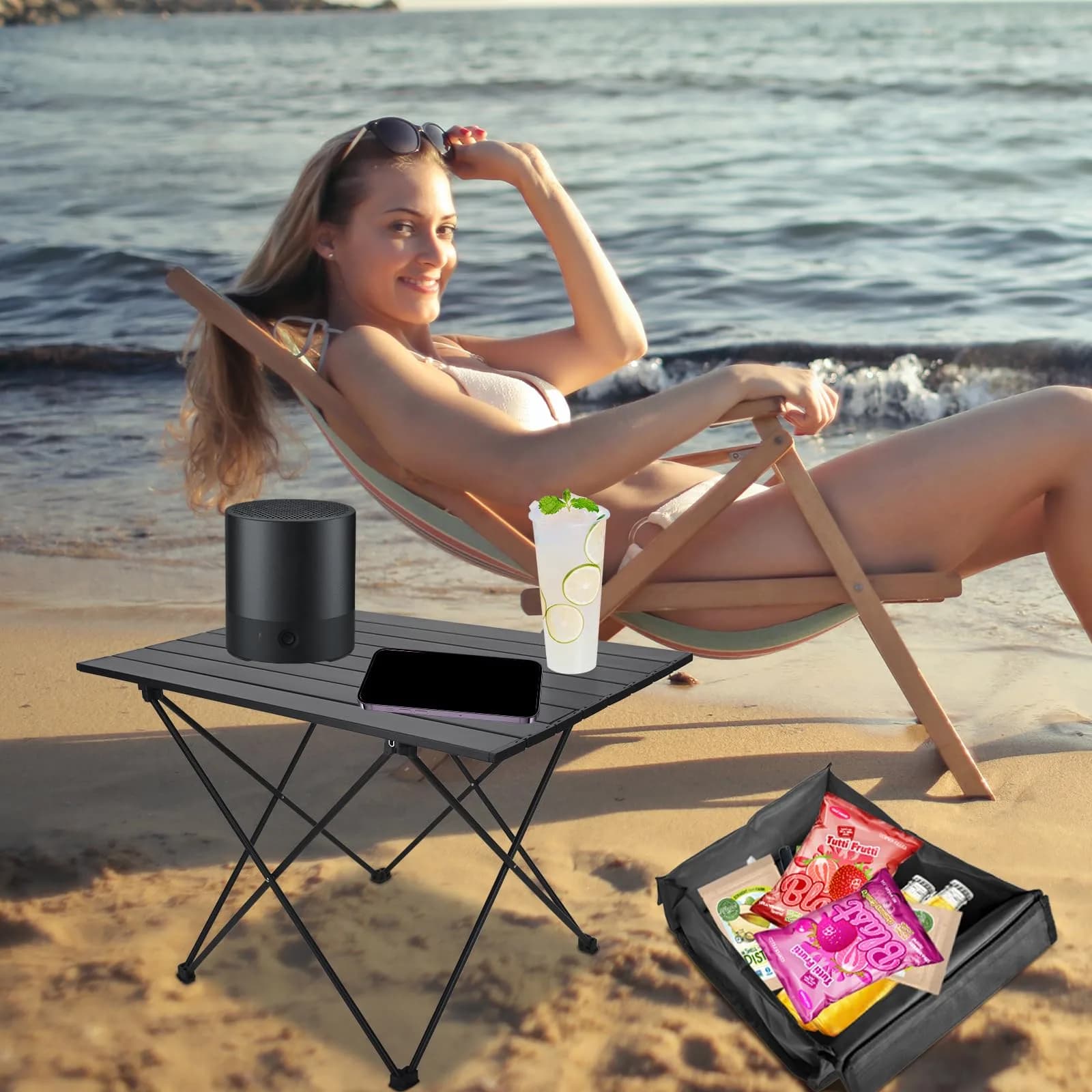 Audoyon Foldable Camping Side Table L Black | Ultralight Aluminum Roll-Up Table with Carry Bag & Storage for Picnic, Hiking, Beach (18x27x18 inches) - view 3