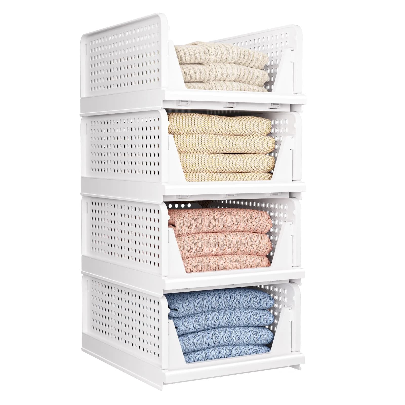 CTSNSLH 4 Pack Folding Closet Organizers Storage Box | Stackable Plastic Drawer Bins for Wardrobe, Kitchen, Bathroom, Office, White