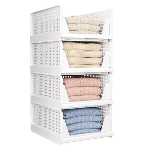 CTSNSLH 4 Pack Folding Closet Organizers Storage Box | Stackable Plastic Drawer Bins for Wardrobe, Kitchen, Bathroom, Office, White thumbnail 1