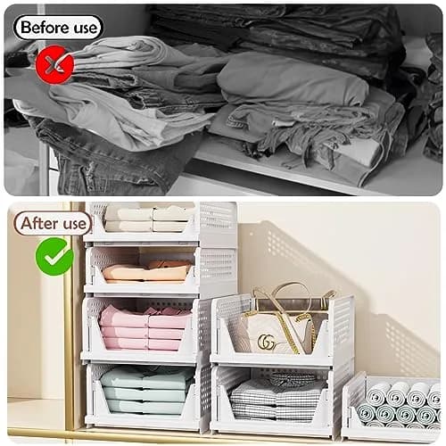 CTSNSLH 4 Pack Folding Closet Organizers Storage Box | Stackable Plastic Drawer Bins for Wardrobe, Kitchen, Bathroom, Office, White thumbnail 4