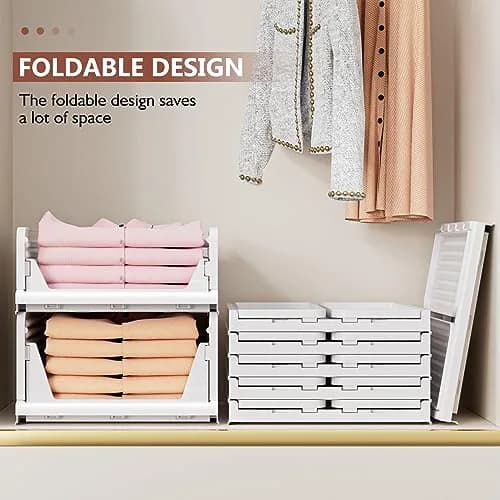 CTSNSLH 4 Pack Folding Closet Organizers Storage Box | Stackable Plastic Drawer Bins for Wardrobe, Kitchen, Bathroom, Office, White thumbnail 5