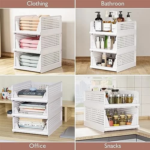 CTSNSLH 4 Pack Folding Closet Organizers Storage Box | Stackable Plastic Drawer Bins for Wardrobe, Kitchen, Bathroom, Office, White thumbnail 6
