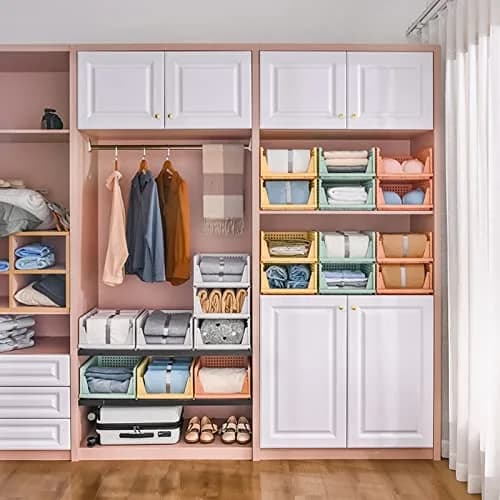 CTSNSLH 4 Pack Folding Closet Organizers Storage Box | Stackable Plastic Drawer Bins for Wardrobe, Kitchen, Bathroom, Office, White thumbnail 7