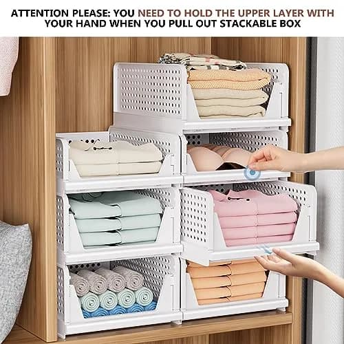 CTSNSLH 4 Pack Folding Closet Organizers Storage Box | Stackable Plastic Drawer Bins for Wardrobe, Kitchen, Bathroom, Office, White thumbnail 2
