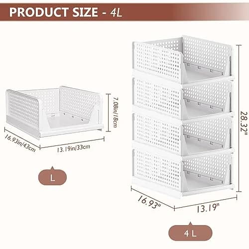 CTSNSLH 4 Pack Folding Closet Organizers Storage Box | Stackable Plastic Drawer Bins for Wardrobe, Kitchen, Bathroom, Office, White thumbnail 3