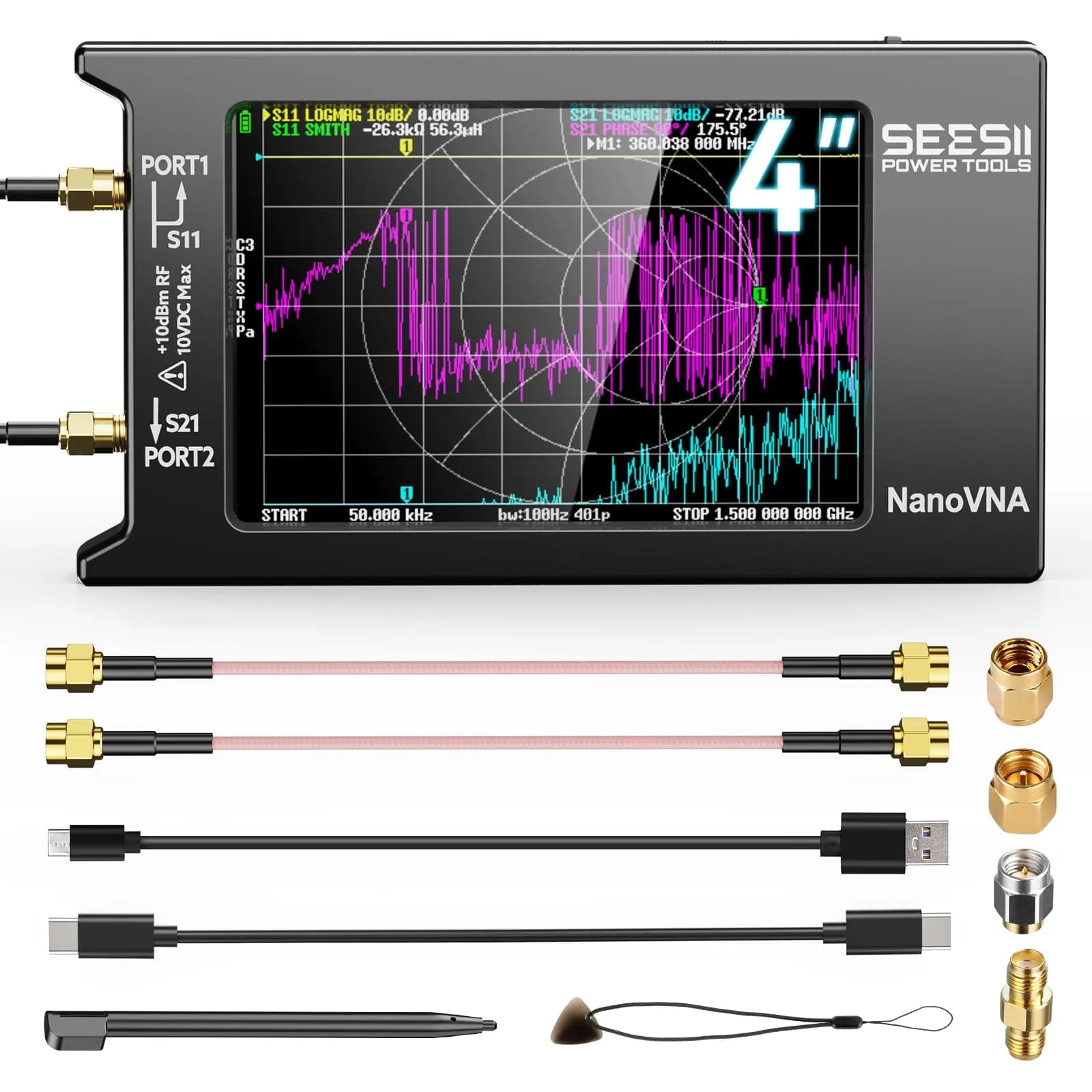 Seesii NanoVNA-H4 Vector Network Analyzer 1.5GHz 4" Touchscreen | Measures SWR, Phase, Smith Chart