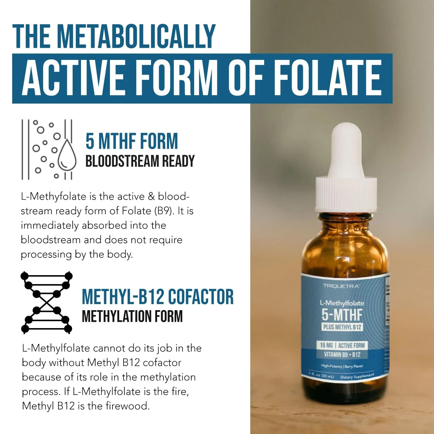 Triquetra Health L-Methylfolate 15mg Vitamin B9 & B12 Liquid 30ml (1 Fl Oz) | Active Folate for Mood & Cognition - view 5