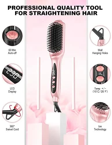 LANDOT Ionic Hair Straightening Brush, Anti-Frizz Ceramic Heated Hot Comb | 12 Heat Settings, Dual Voltage, Auto-Off, Rose Gold thumbnail 5