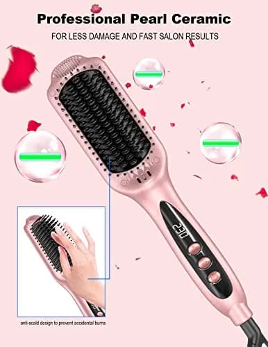 LANDOT Ionic Hair Straightening Brush, Anti-Frizz Ceramic Heated Hot Comb | 12 Heat Settings, Dual Voltage, Auto-Off, Rose Gold thumbnail 6