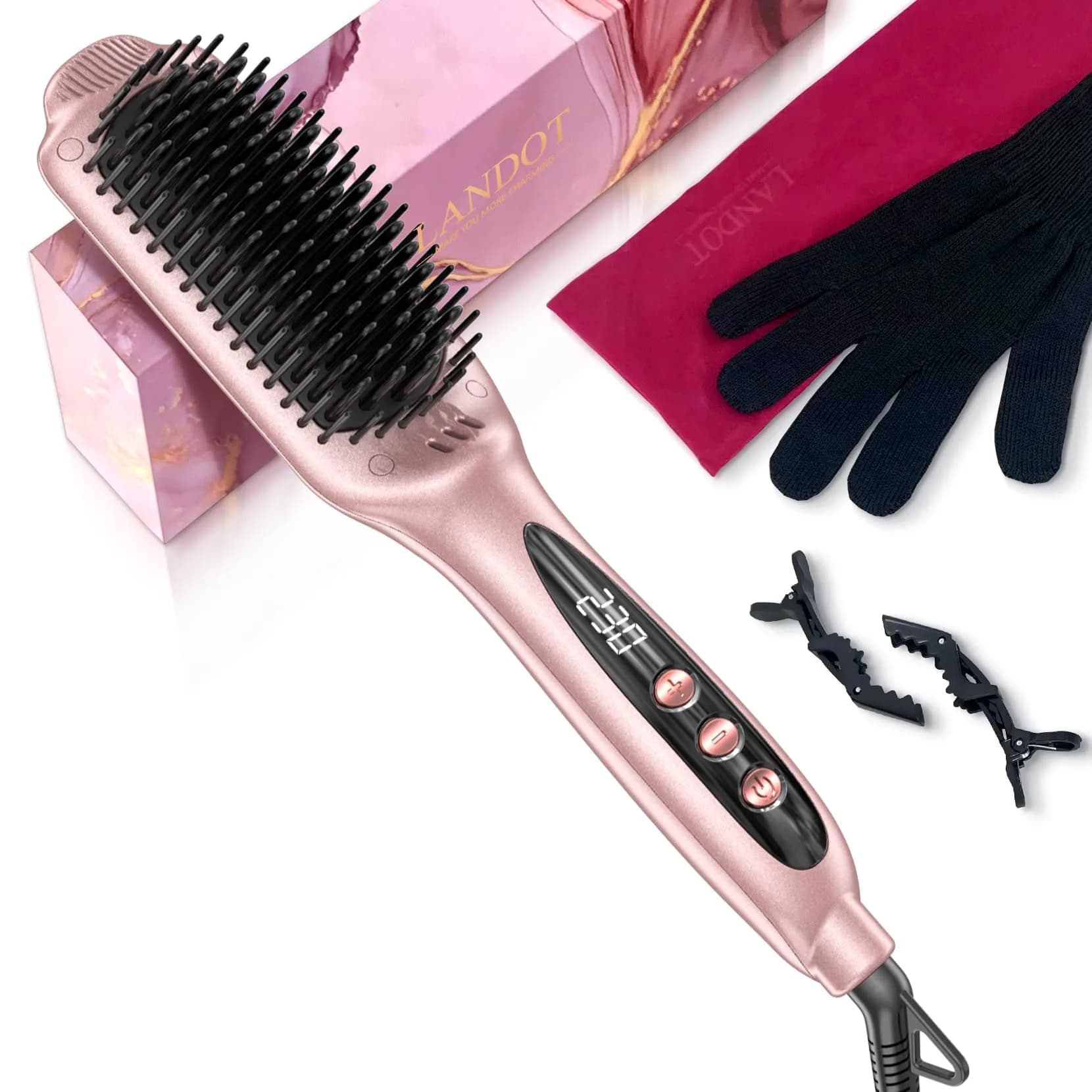 LANDOT Ionic Hair Straightening Brush, Anti-Frizz Ceramic Heated Hot Comb | 12 Heat Settings, Dual Voltage, Auto-Off, Rose Gold — Rose Gold Straightening Brush