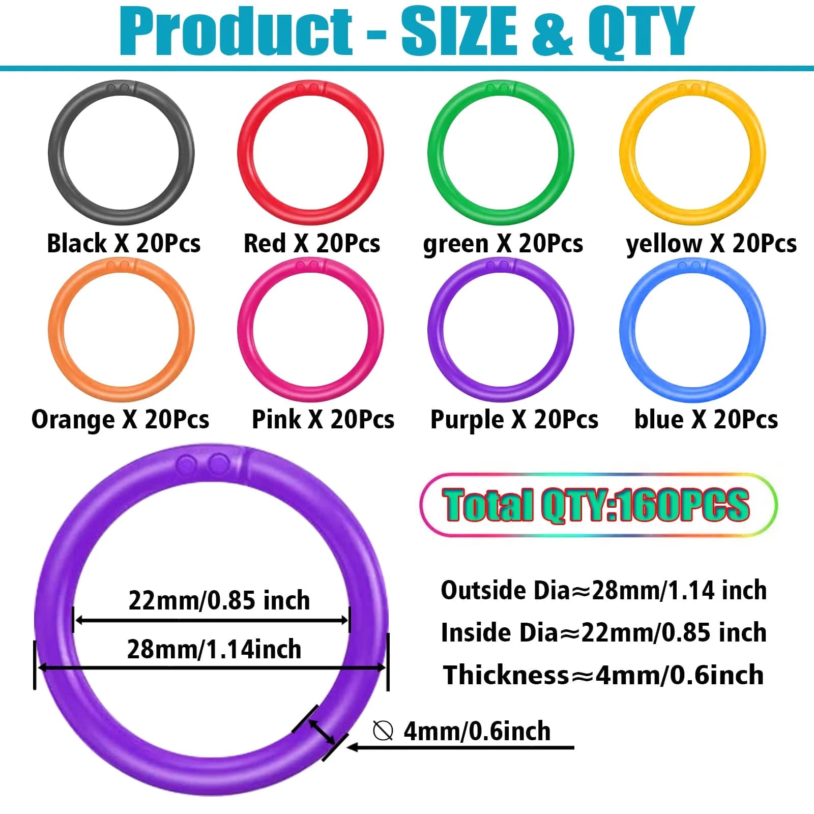 TYMXGHF 160 PCS Plastic Loose Leaf Binder Rings 28mm (1.1 inch) | Colorful Mixed DIY Keychain Ring Clips for Paper & Cards - view 2