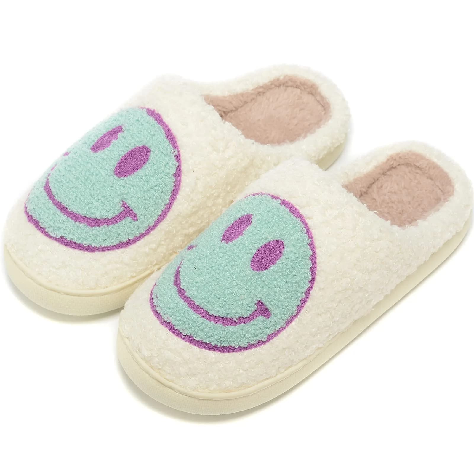 Kolege Smile Face Slippers for Women Men 6.5-7.5 Women/5-6 Men | Soft Plush, Non-Slip EVA Sole, Winter Comfort