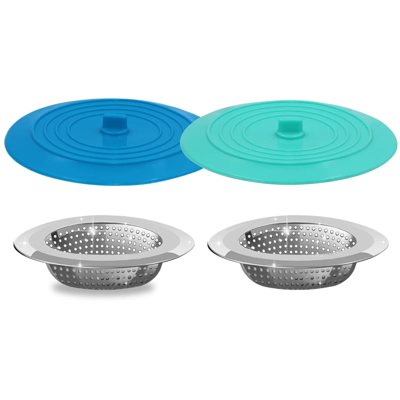 V-TOP Kitchen Drain Strainer Stopper 4 Pack | Universal 6 Inch Silicone Plug & 4.5 Inch Stainless Steel Basket Strainer - main product image